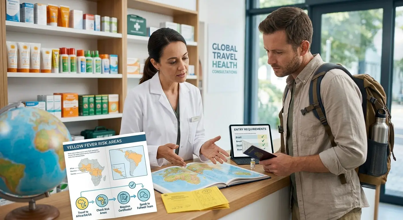 Pharmacist providing Yellow Fever vaccine advice